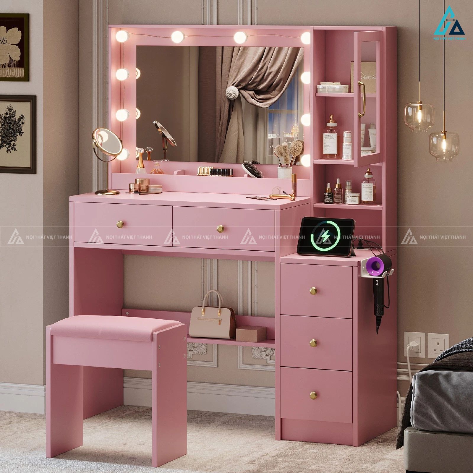 Bộ bàn trang điểm thông minh có gương đèn led và tủ lưu trữ 3