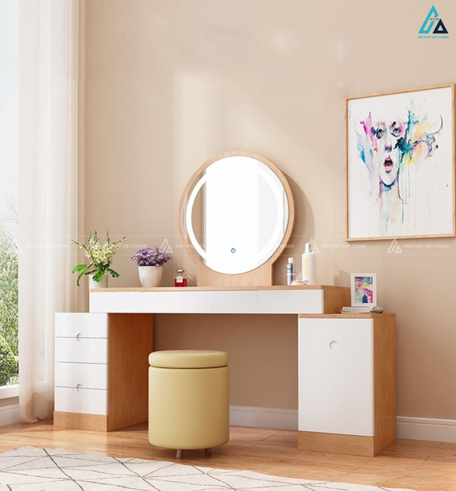 Bàn trang điểm hiện đại kèm gương đèn led tròn và ghế đôn tiện lợi 4