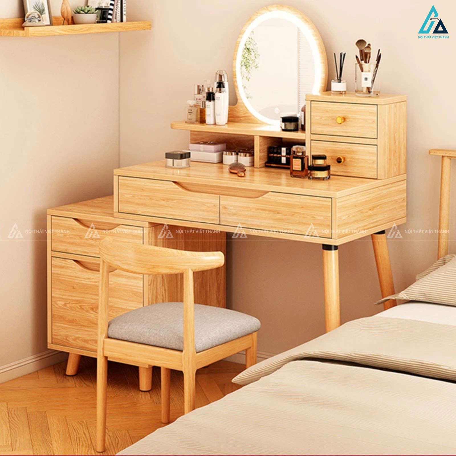 Bàn trang điểm liền tủ kệ đa năng có gương đèn led hiện đại 3
