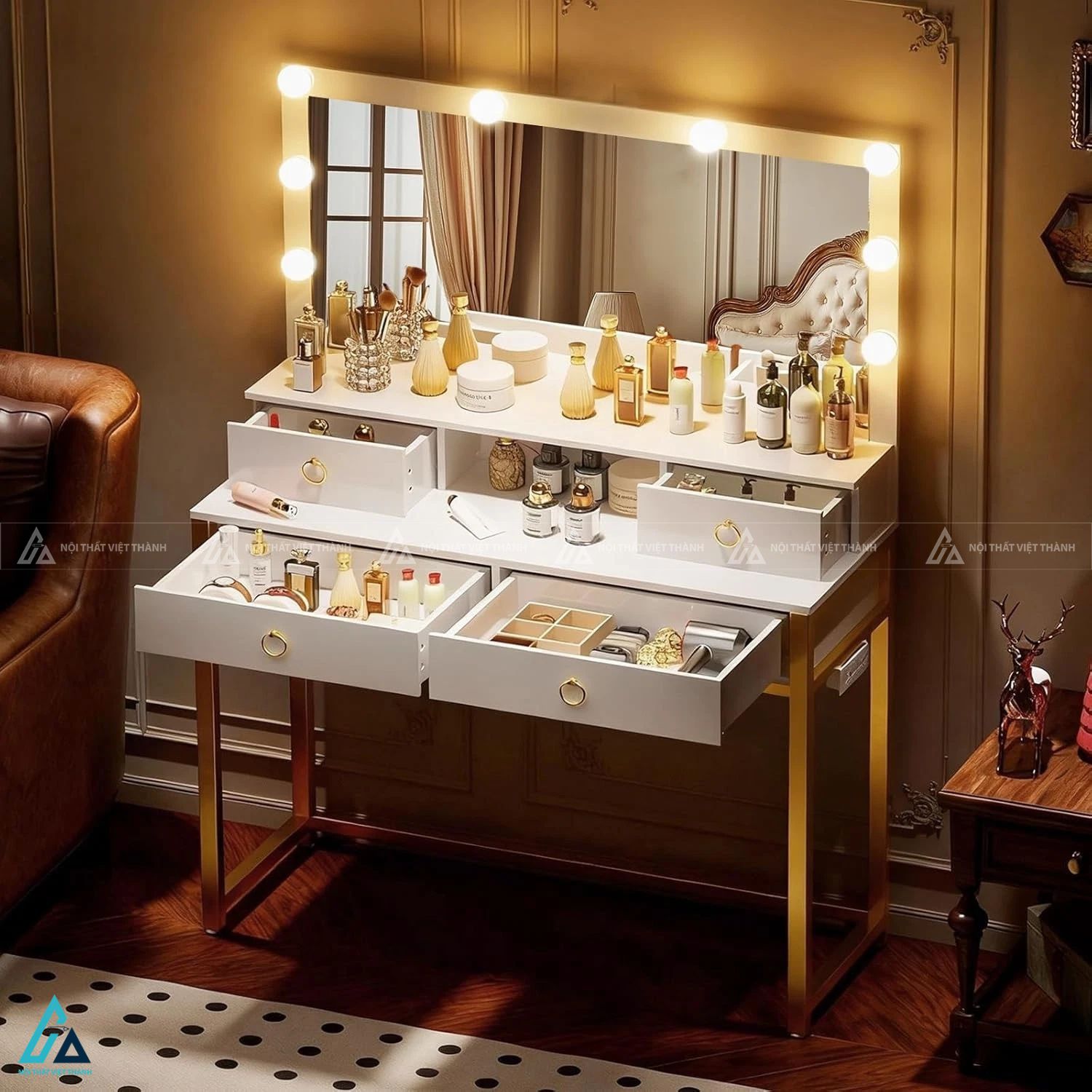 Bàn trang điểm gương đèn led và hệ thống ngăn kéo lưu trữ lớn 3