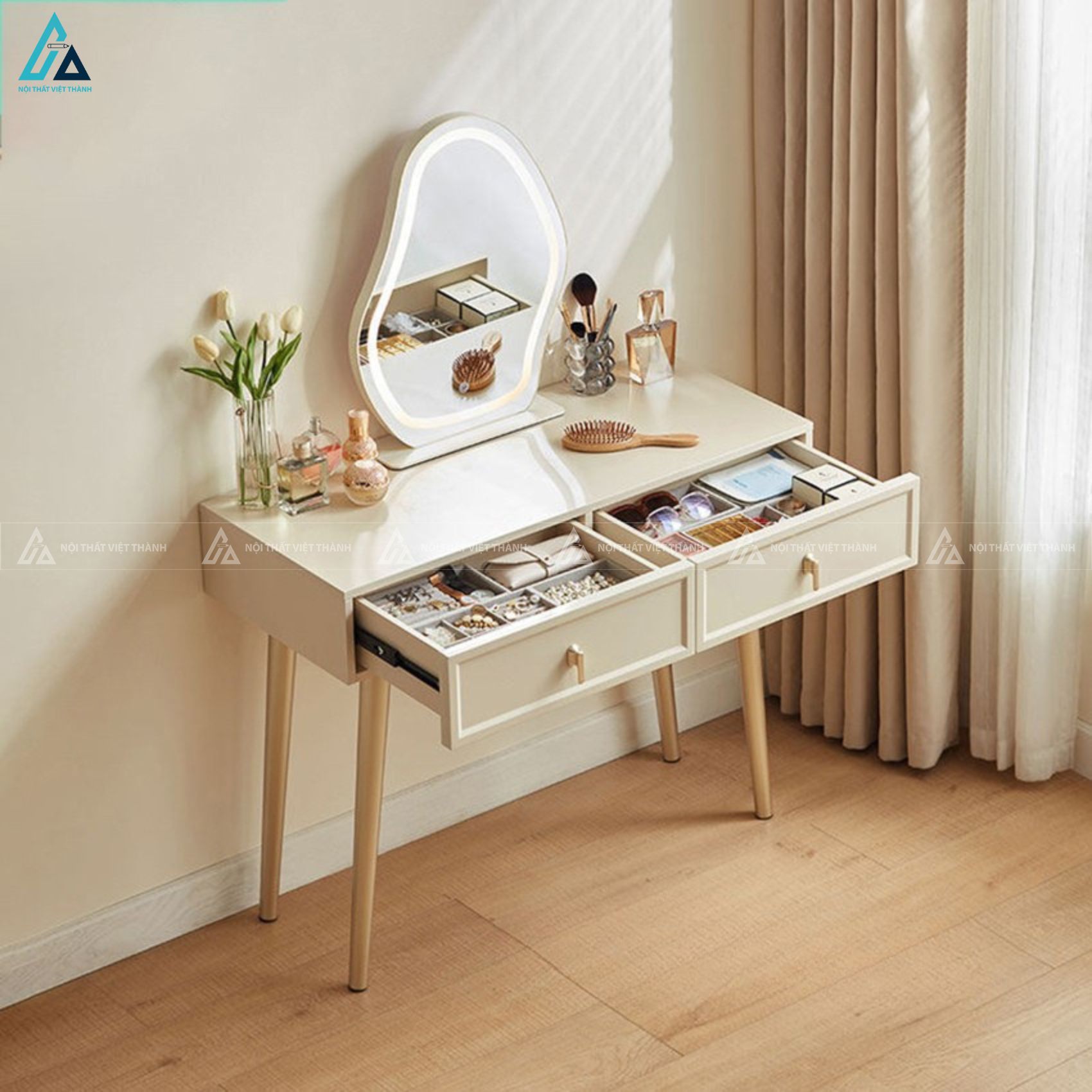 Bàn trang điểm hiện đại có gương đèn led thông minh tiện dụng