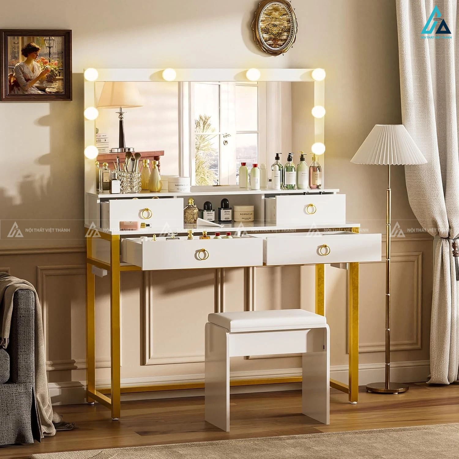 Bàn trang điểm gương đèn led và hệ thống ngăn kéo lưu trữ lớn 4