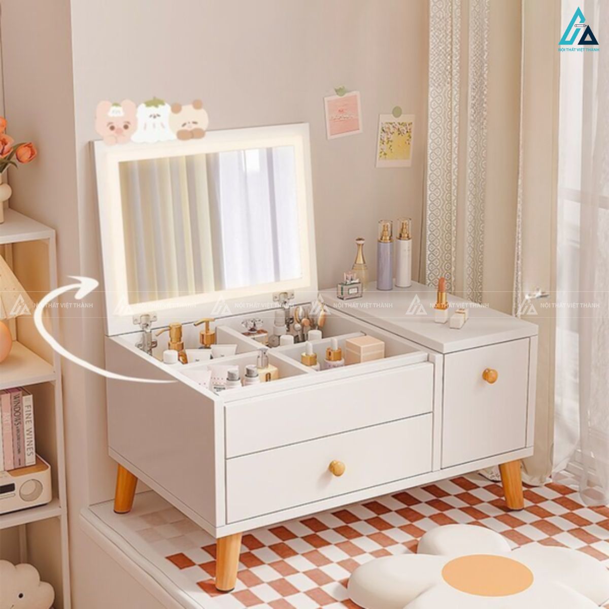 Bàn trang điểm ngồi bệt gương lật thông minh tối ưu diện tích 4