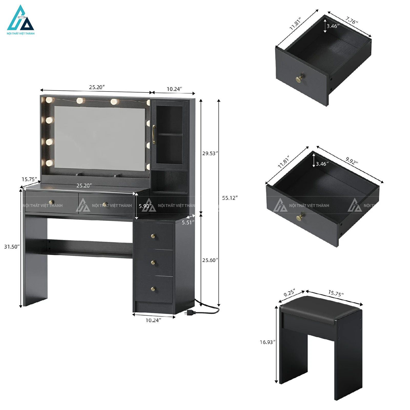 Bộ bàn trang điểm thông minh có gương đèn led và tủ lưu trữ 7