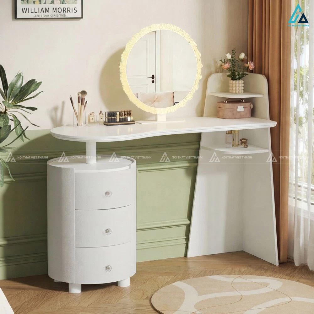 Bàn trang điểm thiết kế thông minh kèm tủ tròn lưu trữ hiện đại