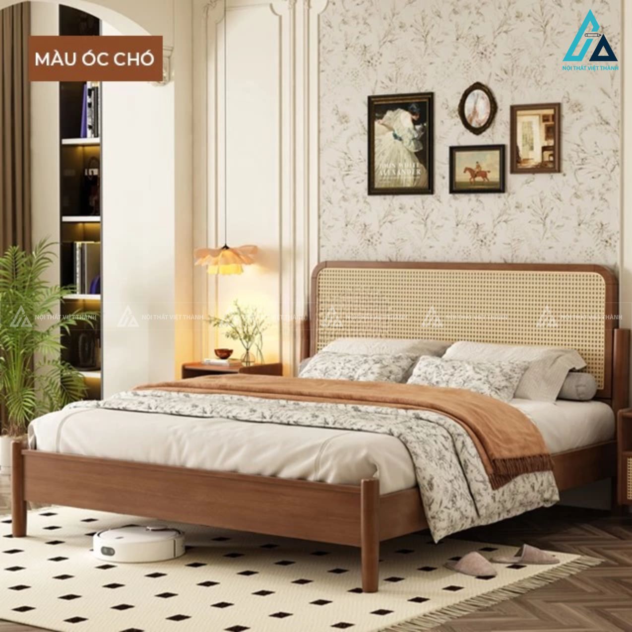 Combo phòng ngủ gỗ tự nhiên đầu giường mây đan phong cách đông dương 1
