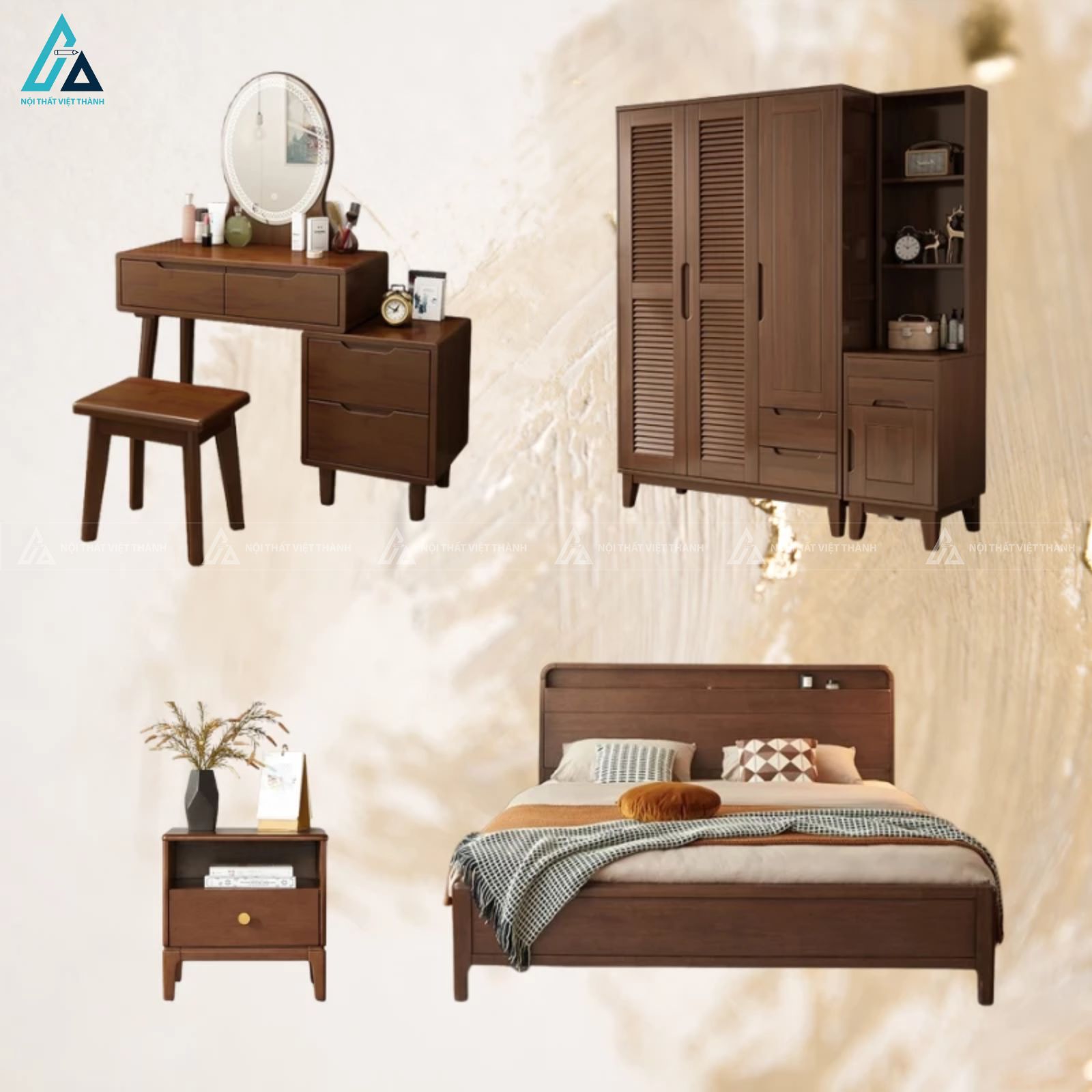 Combo phòng ngủ gỗ tích hợp bàn trang điểm ngăn kéo lệch độc đáo