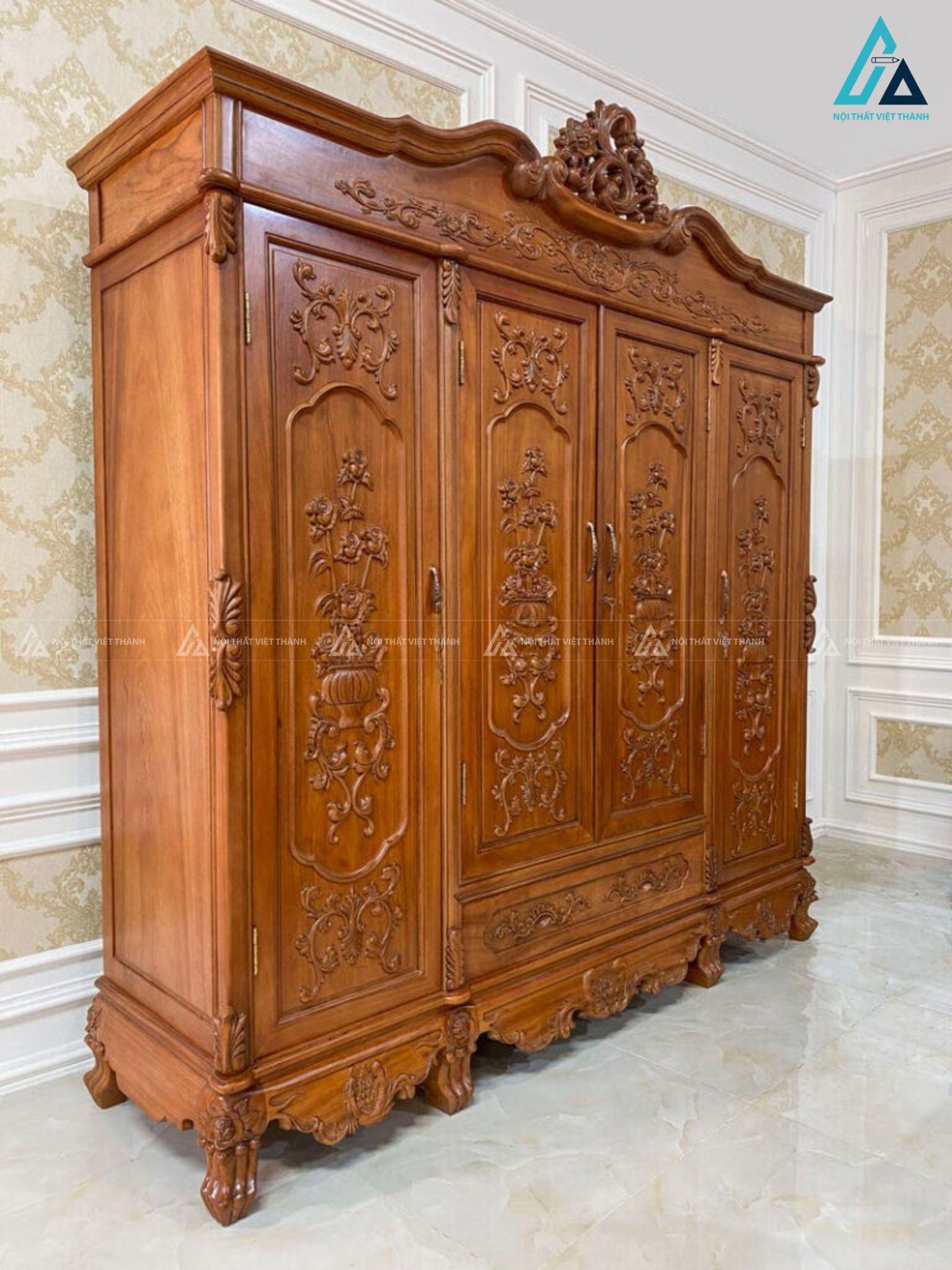 Combo giường ngủ và tủ quần áo chạm khắc cổ điển hoàng gia 2