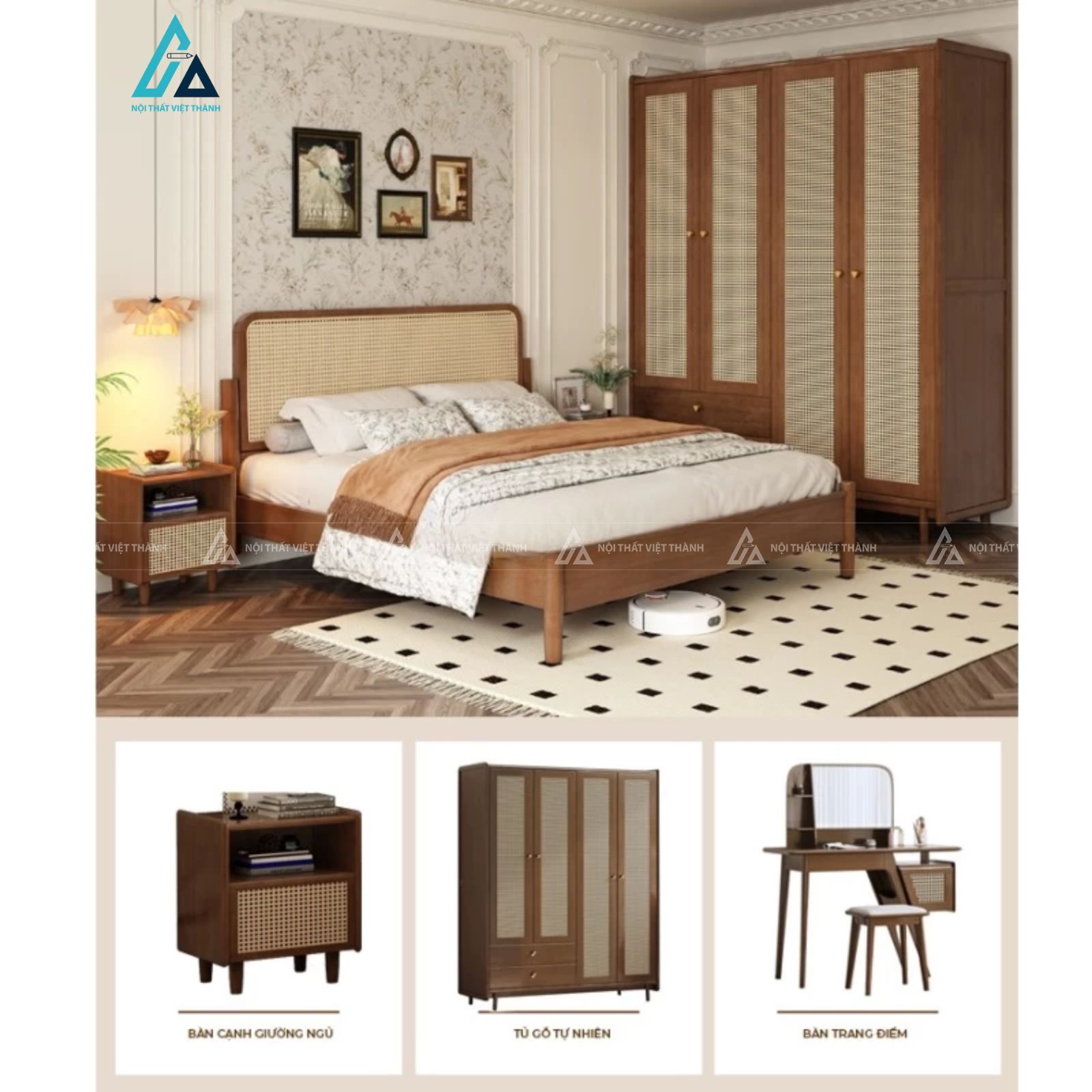 Combo phòng ngủ gỗ tự nhiên đầu giường mây đan phong cách đông dương 2