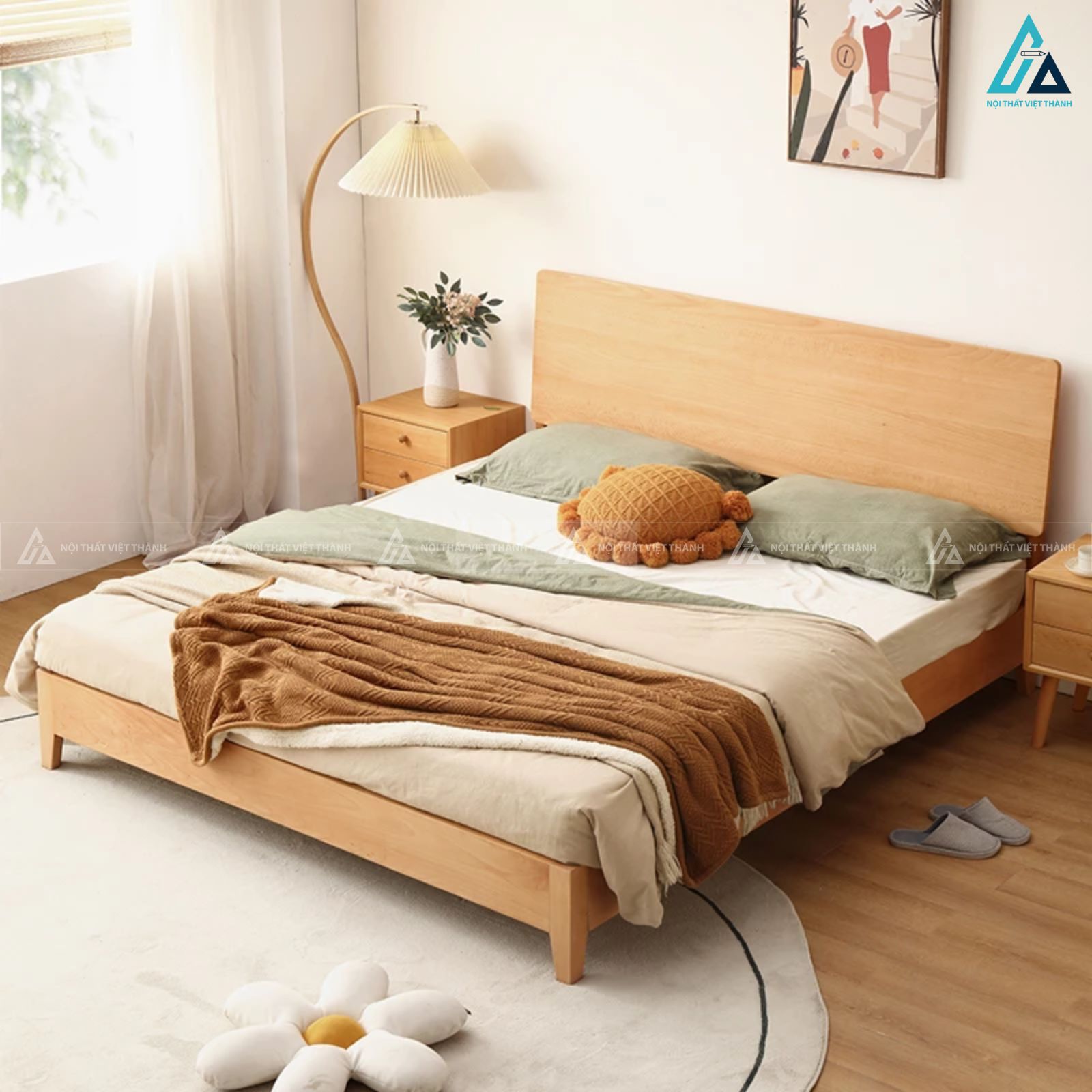 Combo giường ngủ gỗ tự nhiên chân cao và tủ quần áo năm cánh có kệ góc 2