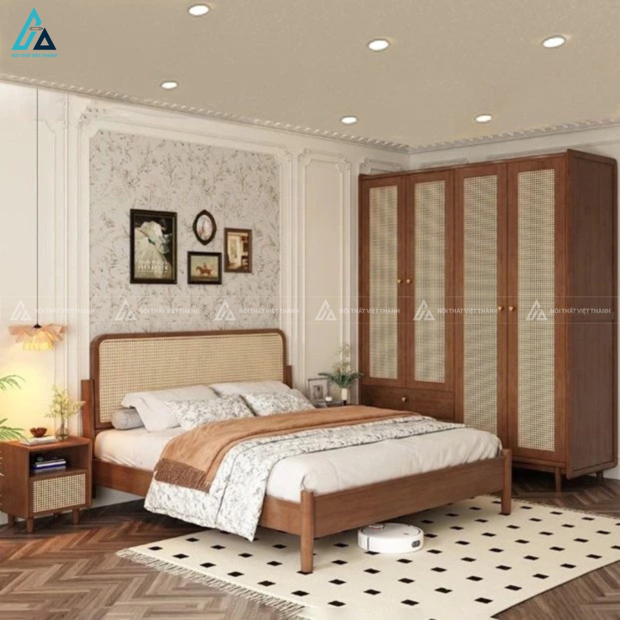 Combo phòng ngủ gỗ tự nhiên đầu giường mây đan phong cách đông dương