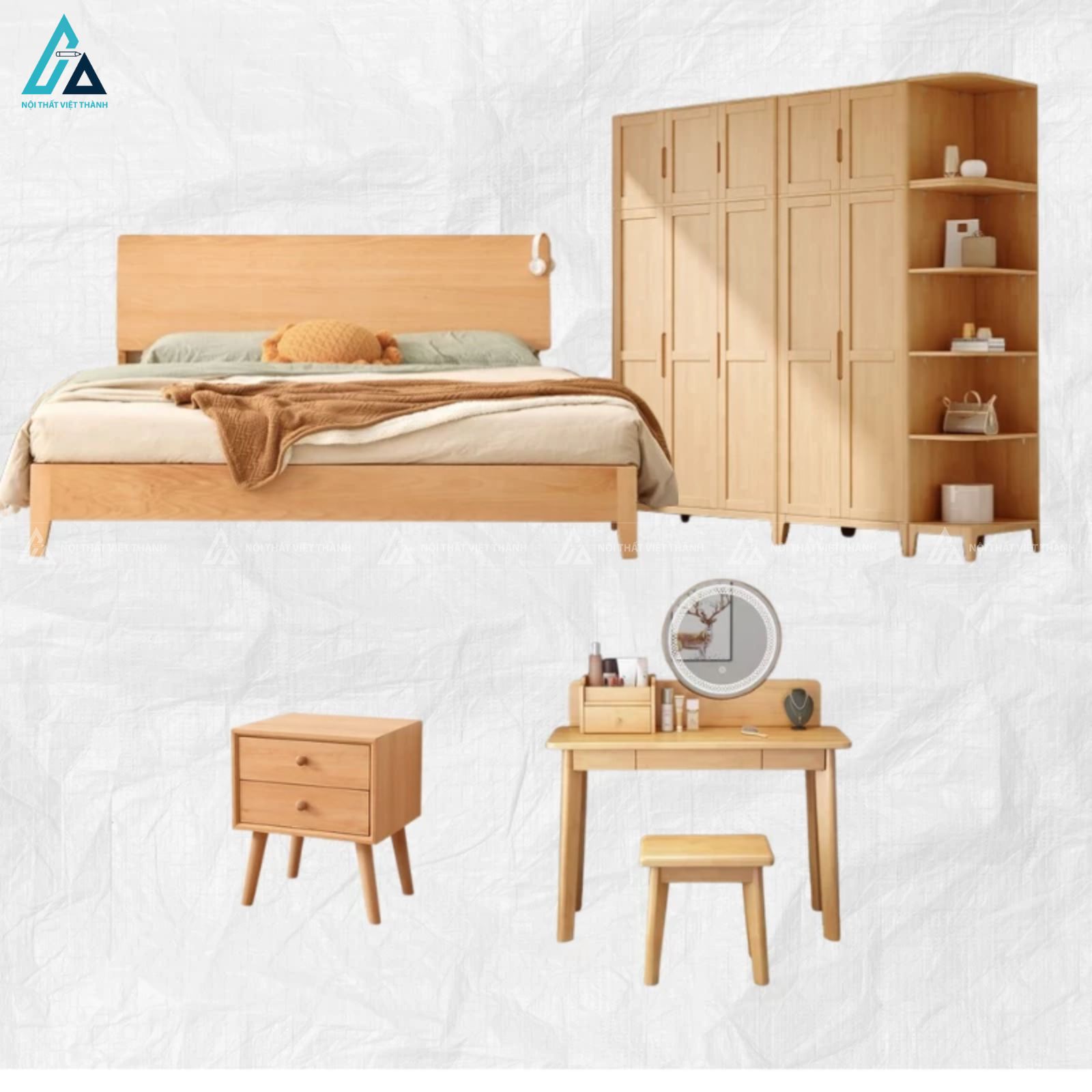 Combo giường ngủ gỗ tự nhiên chân cao và tủ quần áo năm cánh có kệ góc