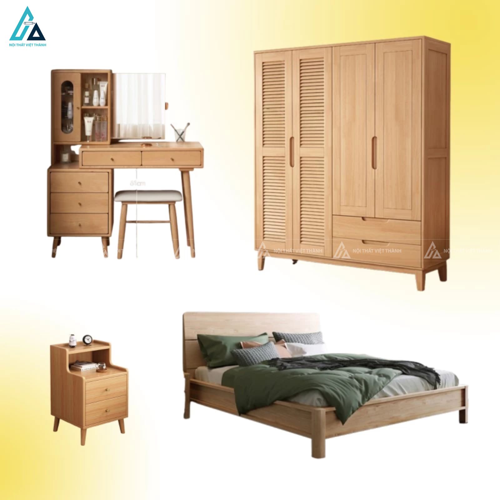 Combo giường ngủ chân cao và tủ quần áo bàn phấn tiện lợi