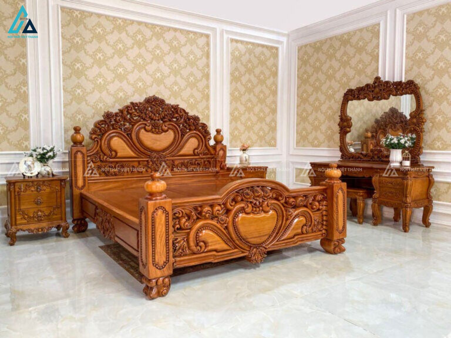 Combo giường ngủ và tủ quần áo chạm khắc cổ điển hoàng gia 6