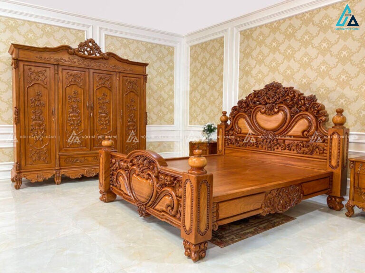 Combo giường ngủ và tủ quần áo chạm khắc cổ điển hoàng gia