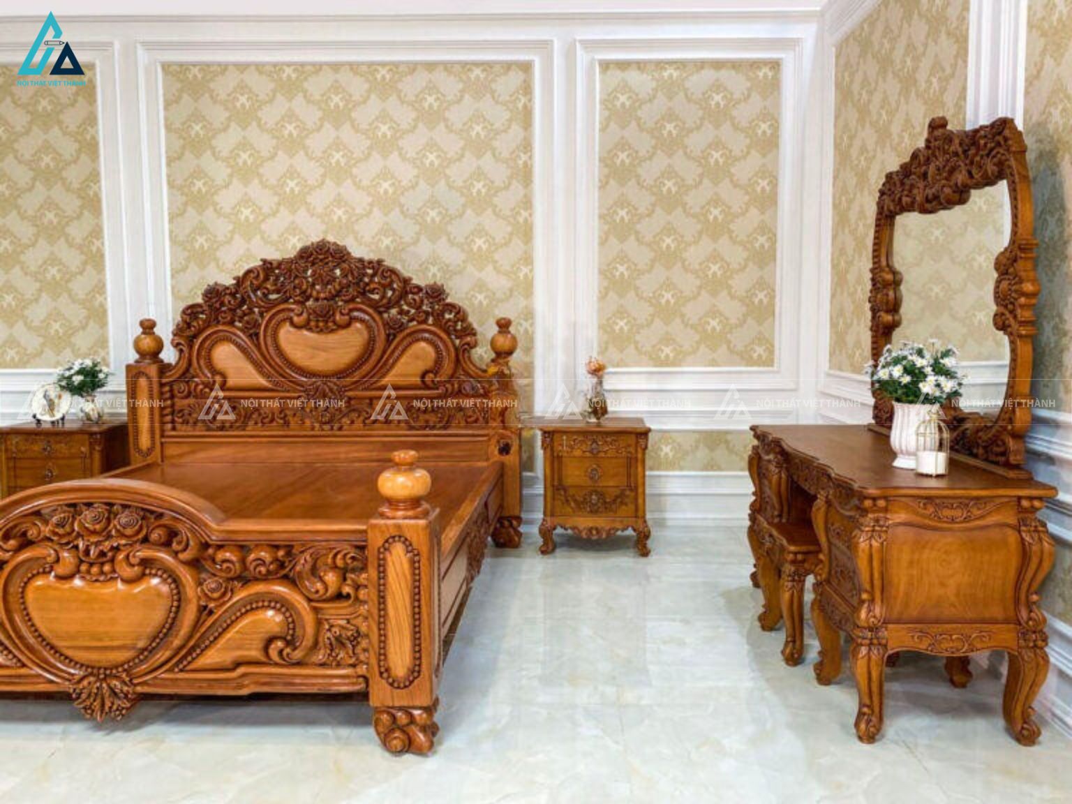 Combo giường ngủ và tủ quần áo chạm khắc cổ điển hoàng gia 7