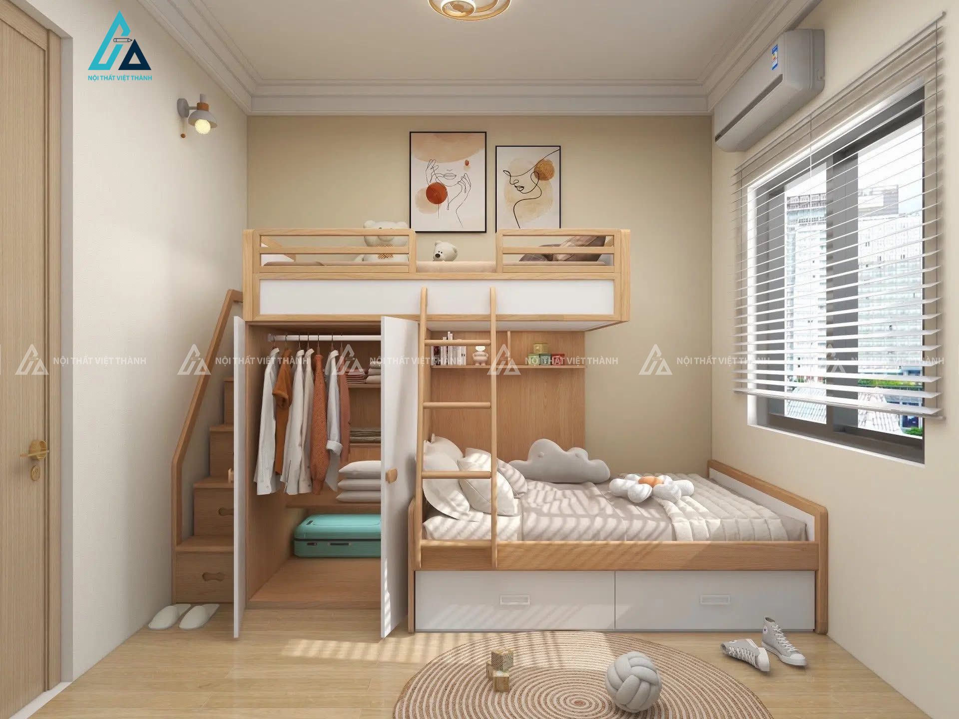 Mẫu giường trẻ em 2 tầng kết hợp tủ quần áo