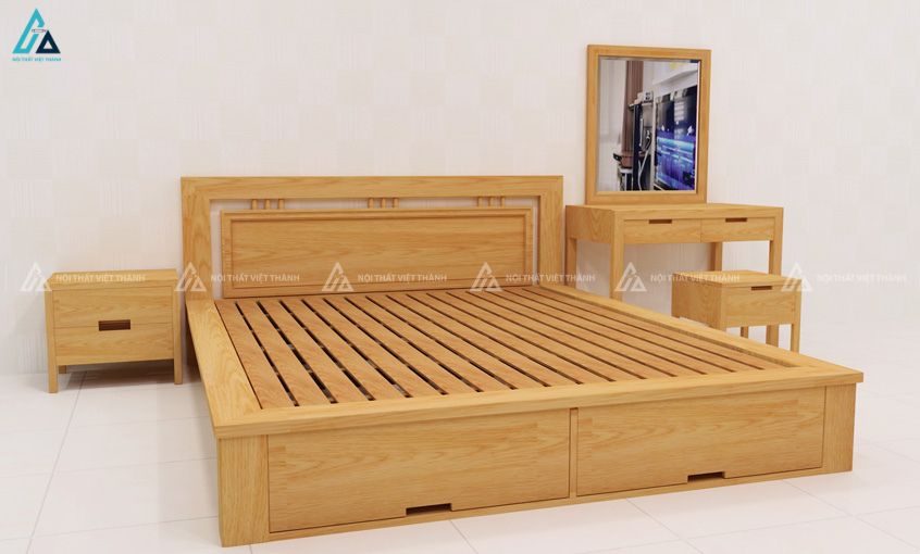 Mẫu giường ngủ gỗ tự nhiên vàng có hộc tủ kéo