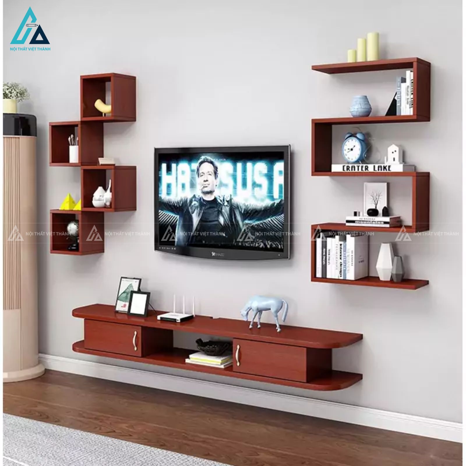 Kệ tivi treo tường kết hợp kệ trang trí đa năng cho phòng khách 1