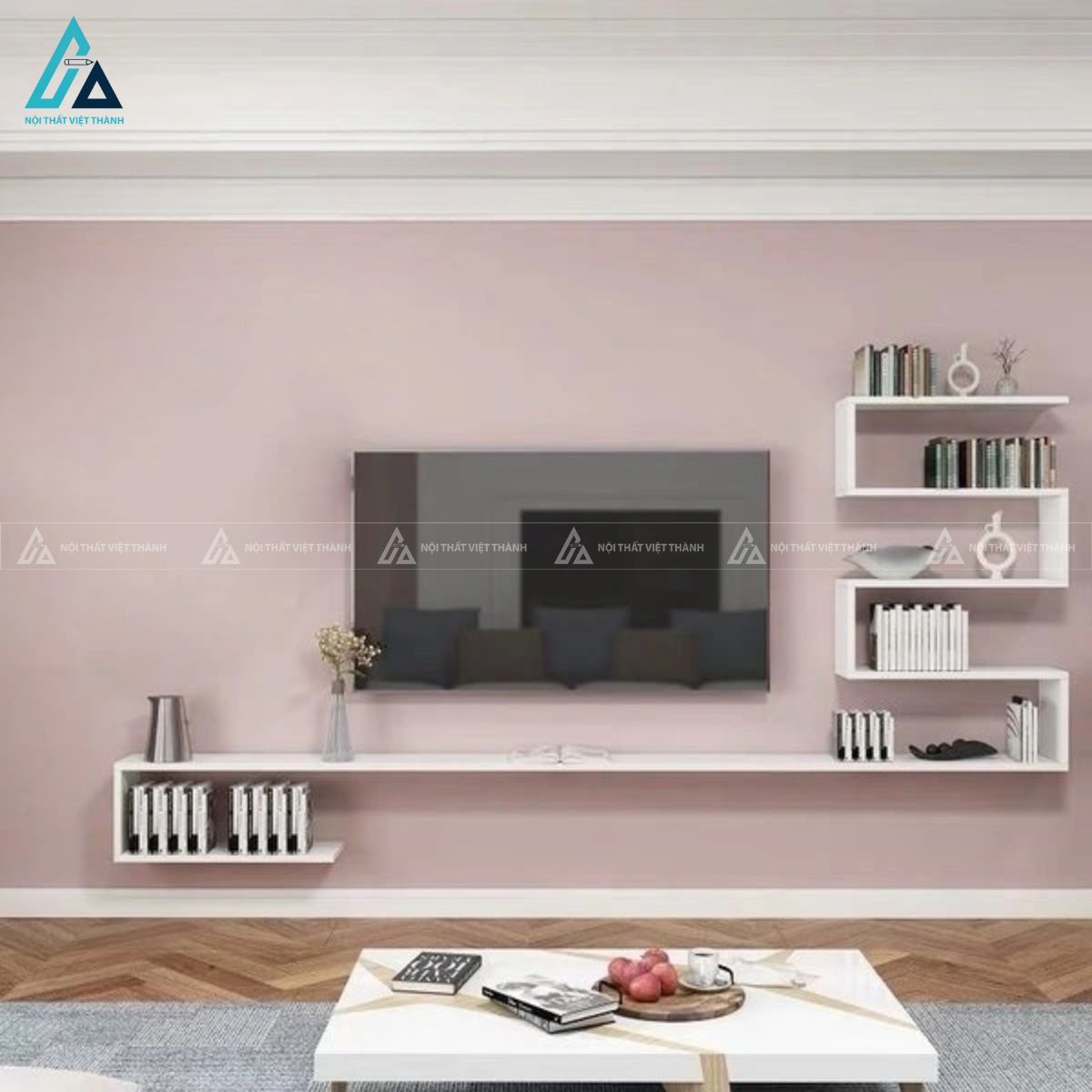 Kệ tivi treo tường kết hợp kệ sách hình học hiện đại độc đáo