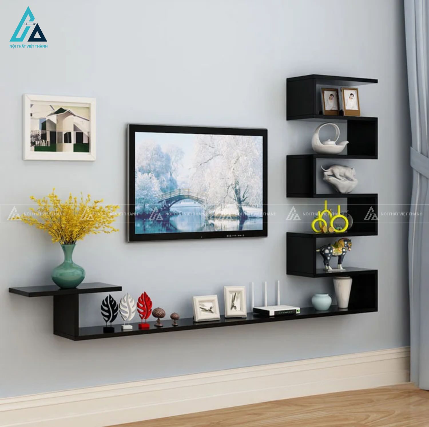 Kệ tivi treo tường kết hợp kệ trang trí độc đáo sáng tạo 1