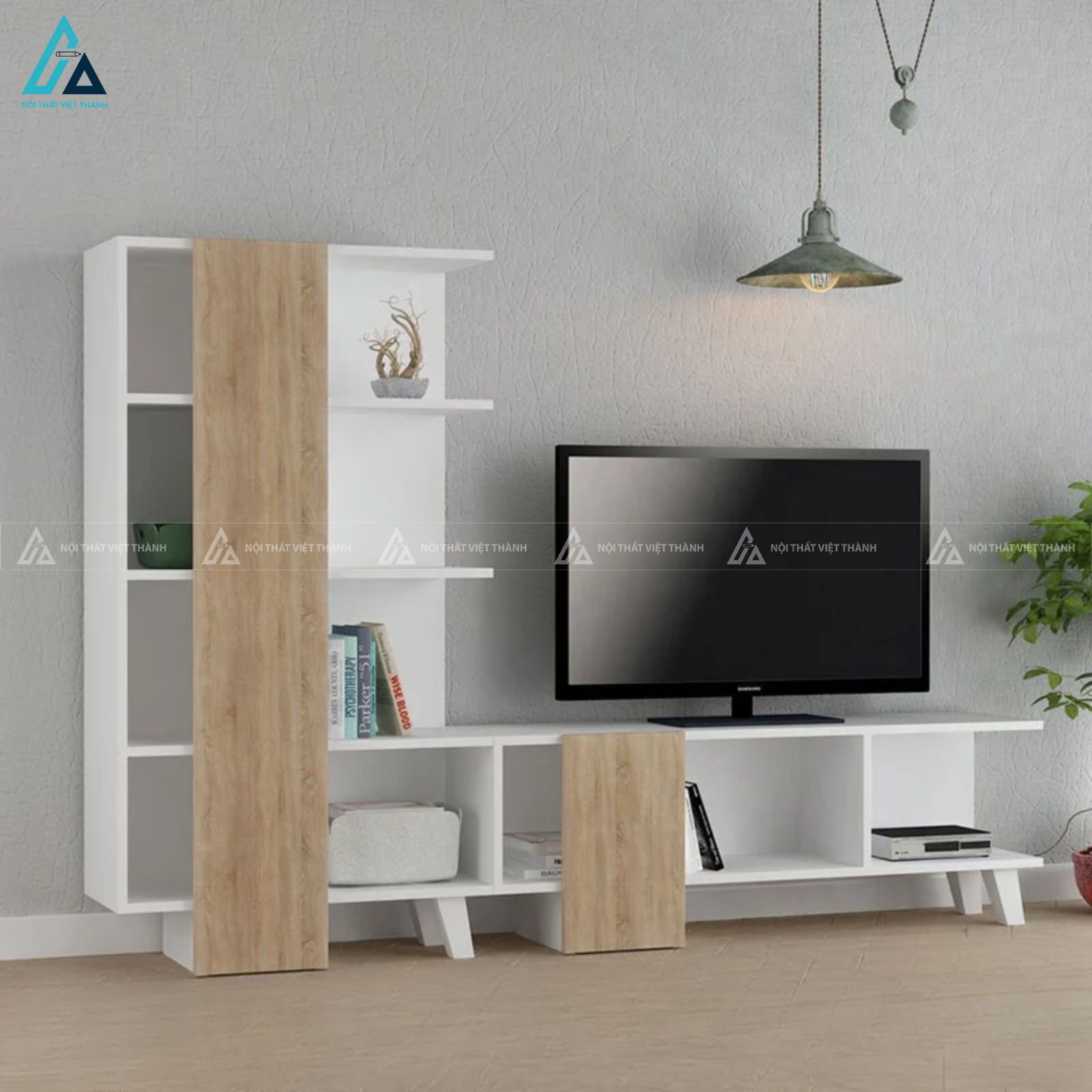 Kệ tivi kết hợp giá sách đa năng cho phòng khách hiện đại