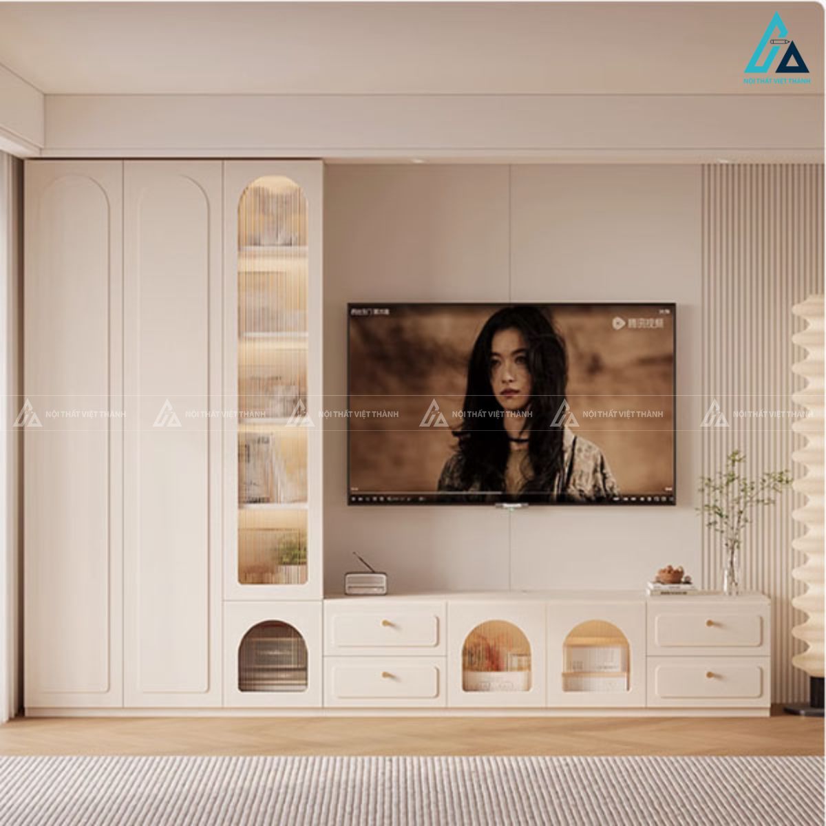 Kệ tivi kết hợp tủ trang trí cánh kính vòm hiện đại sang trọng