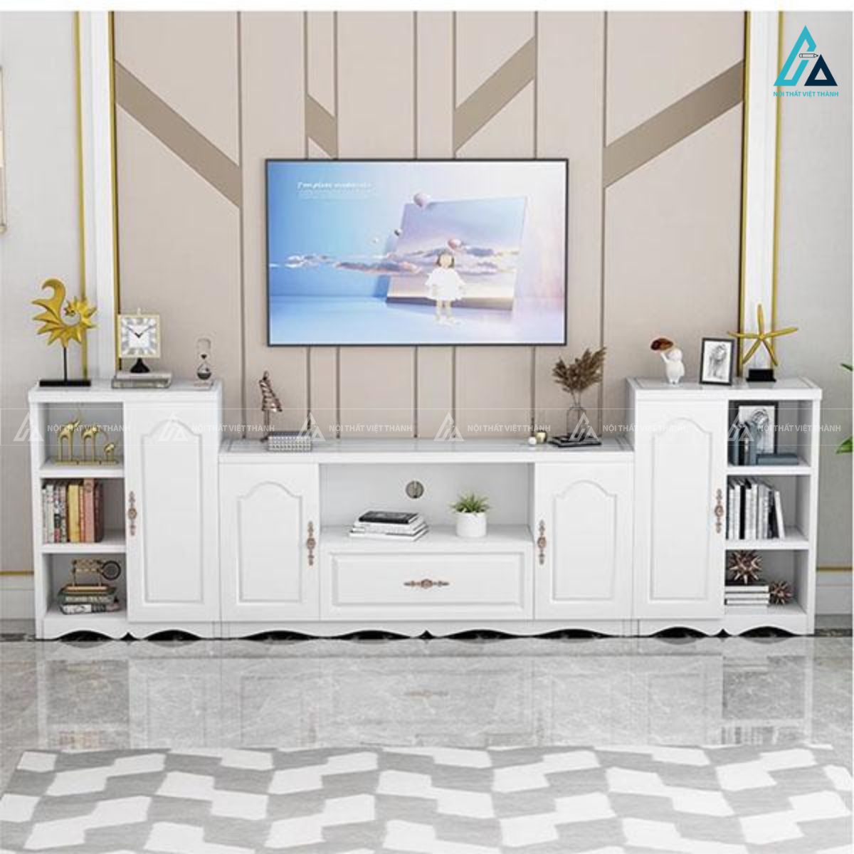 Kệ tivi gỗ công nghiệp hiện đại thiết kế kết hợp tủ trang trí