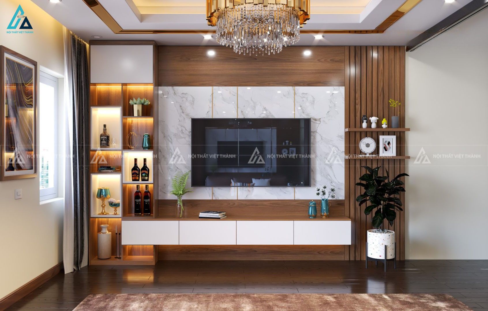 Kệ tivi treo tường kết hợp hệ tủ trang trí sang trọng đẳng cấp