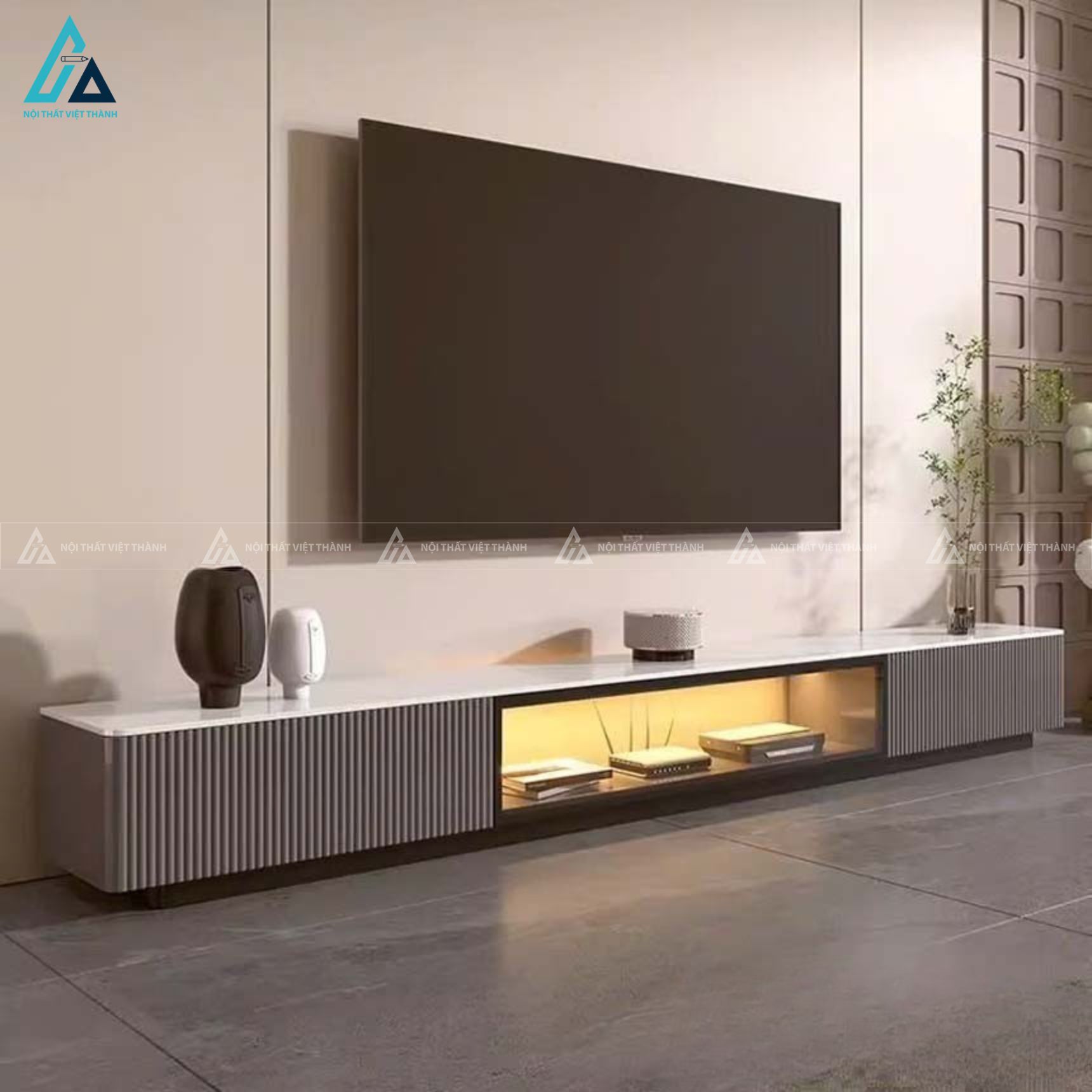 Kệ tivi gỗ công nghiệp thiết kế lam sóng có đèn led sang trọng 1
