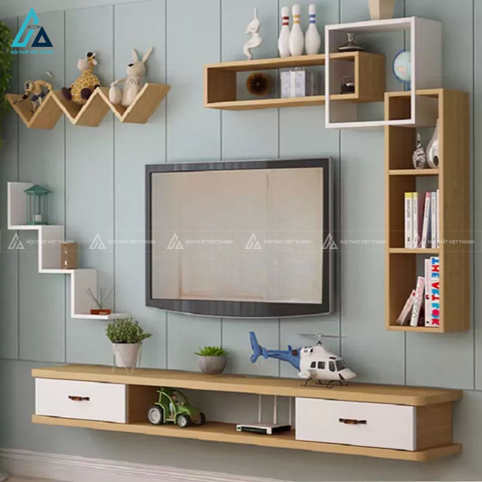 Kệ tivi treo tường kết hợp kệ trang trí đa năng cho phòng khách