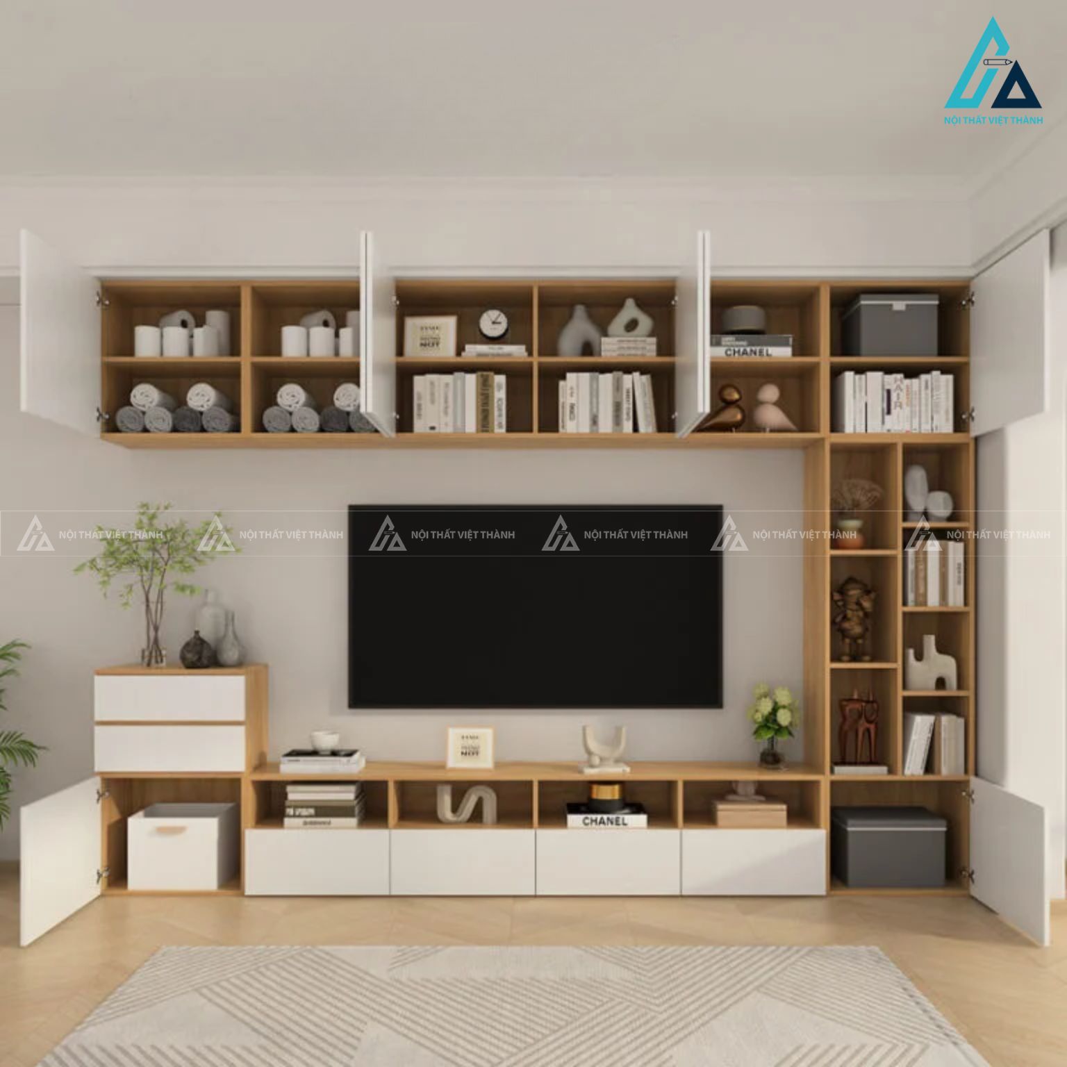 Kệ tivi để sàn kết hợp tủ trang trí treo tường hiện đại 1