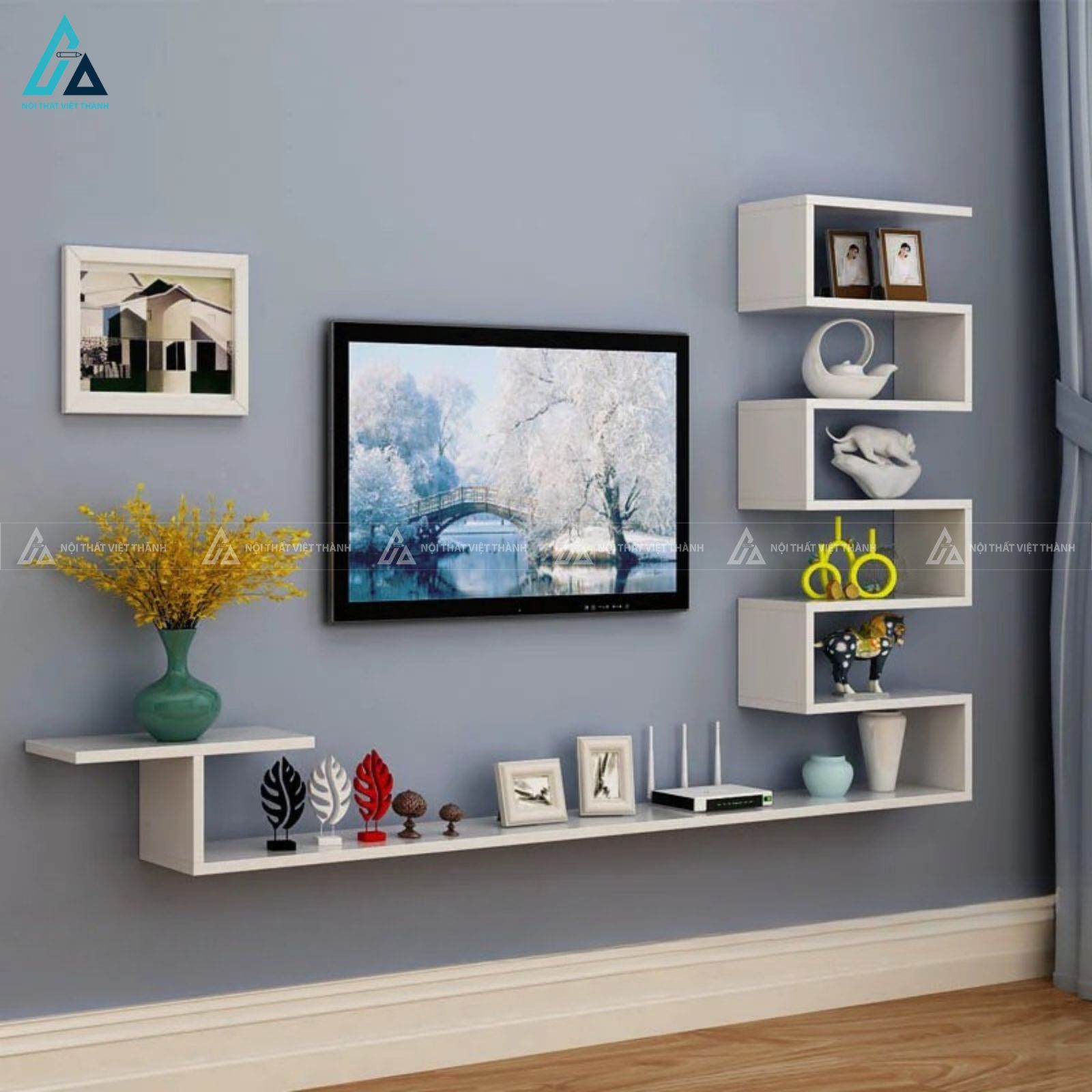 Kệ tivi treo tường kết hợp kệ trang trí độc đáo sáng tạo