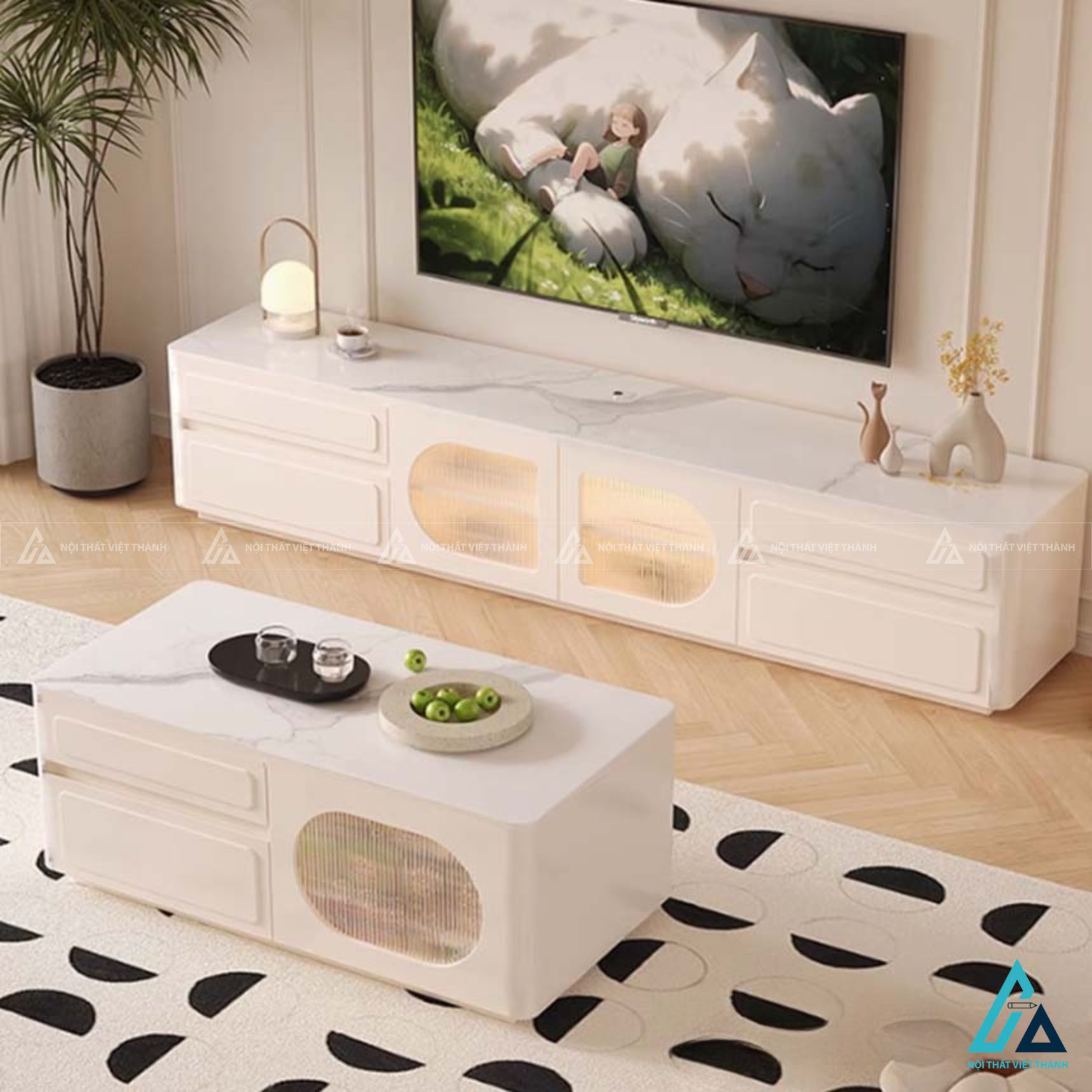 Kệ tivi gỗ công nghiệp mặt đá kết hợp cánh kính sang trọng 2