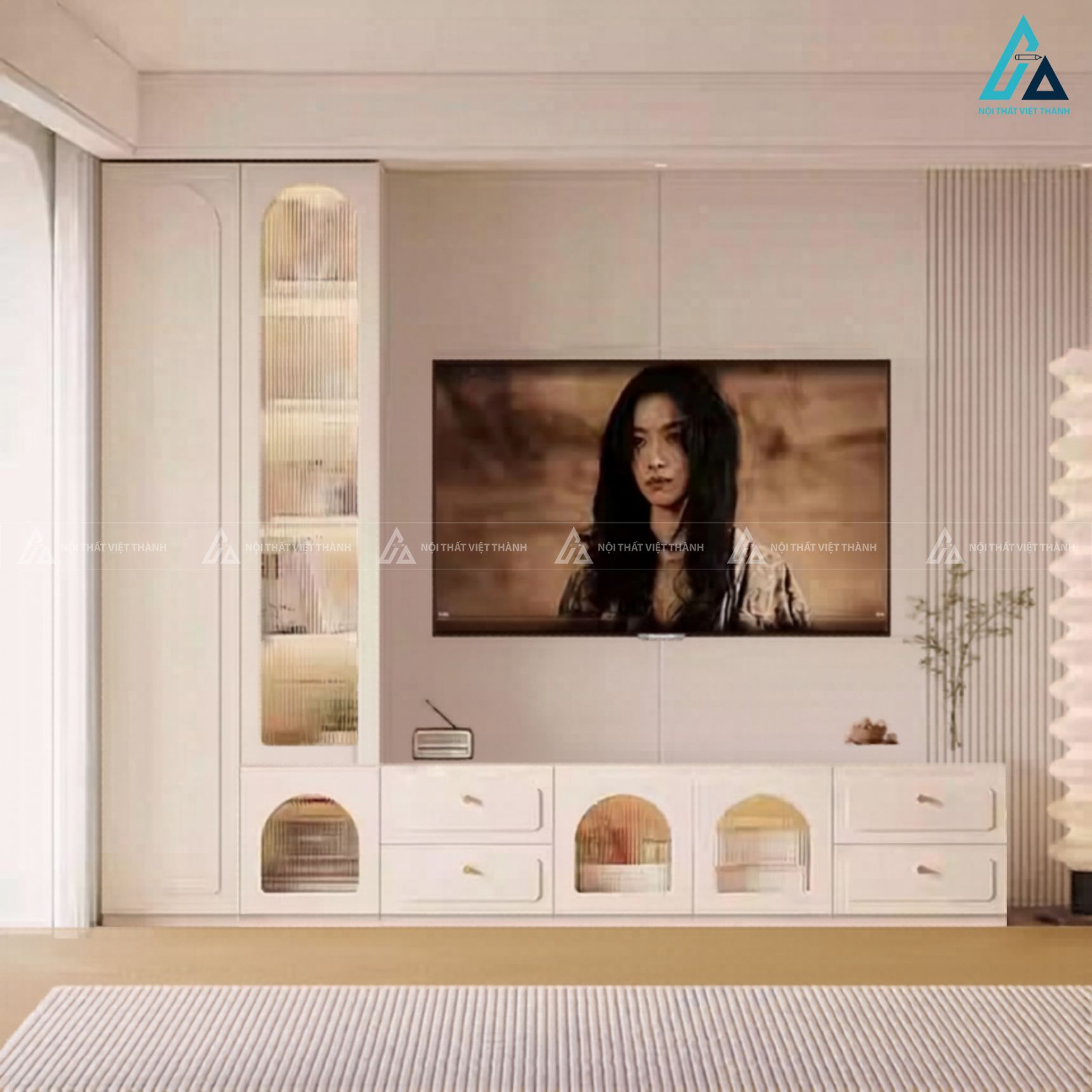 Kệ tivi kết hợp tủ trang trí cánh kính vòm hiện đại sang trọng 1