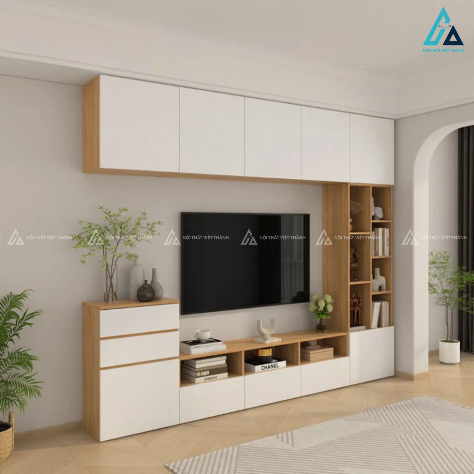 Kệ tivi để sàn kết hợp tủ trang trí treo tường hiện đại 2