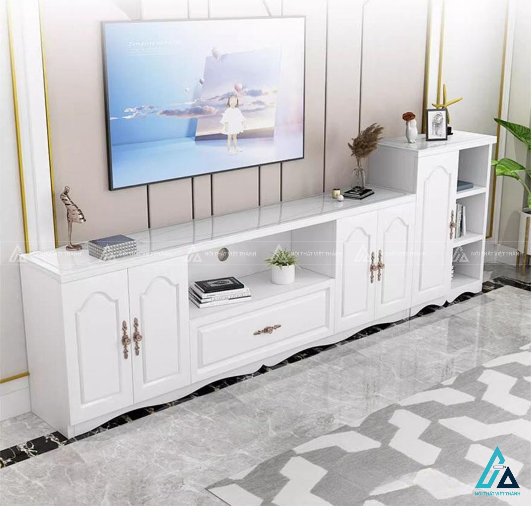 Kệ tivi gỗ công nghiệp hiện đại thiết kế kết hợp tủ trang trí 2