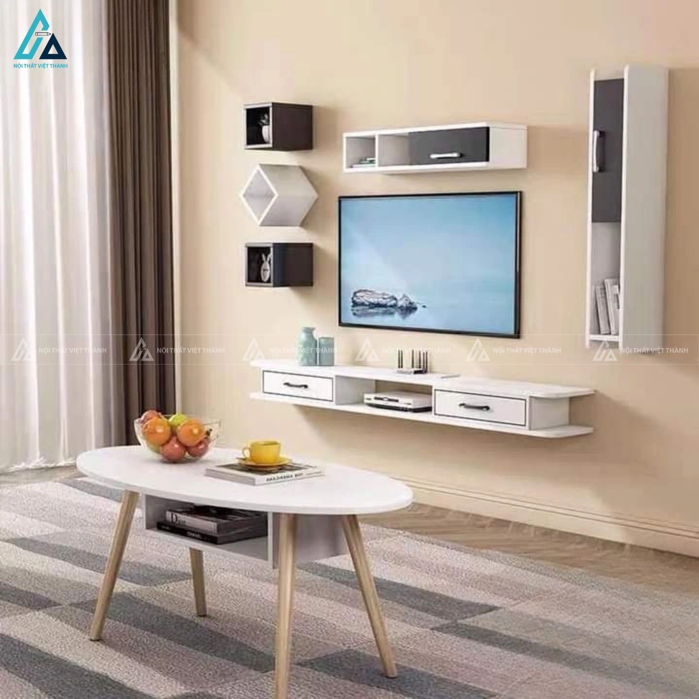 Bộ kệ tivi treo tường thiết kế bo góc tinh tế hiện đại 3