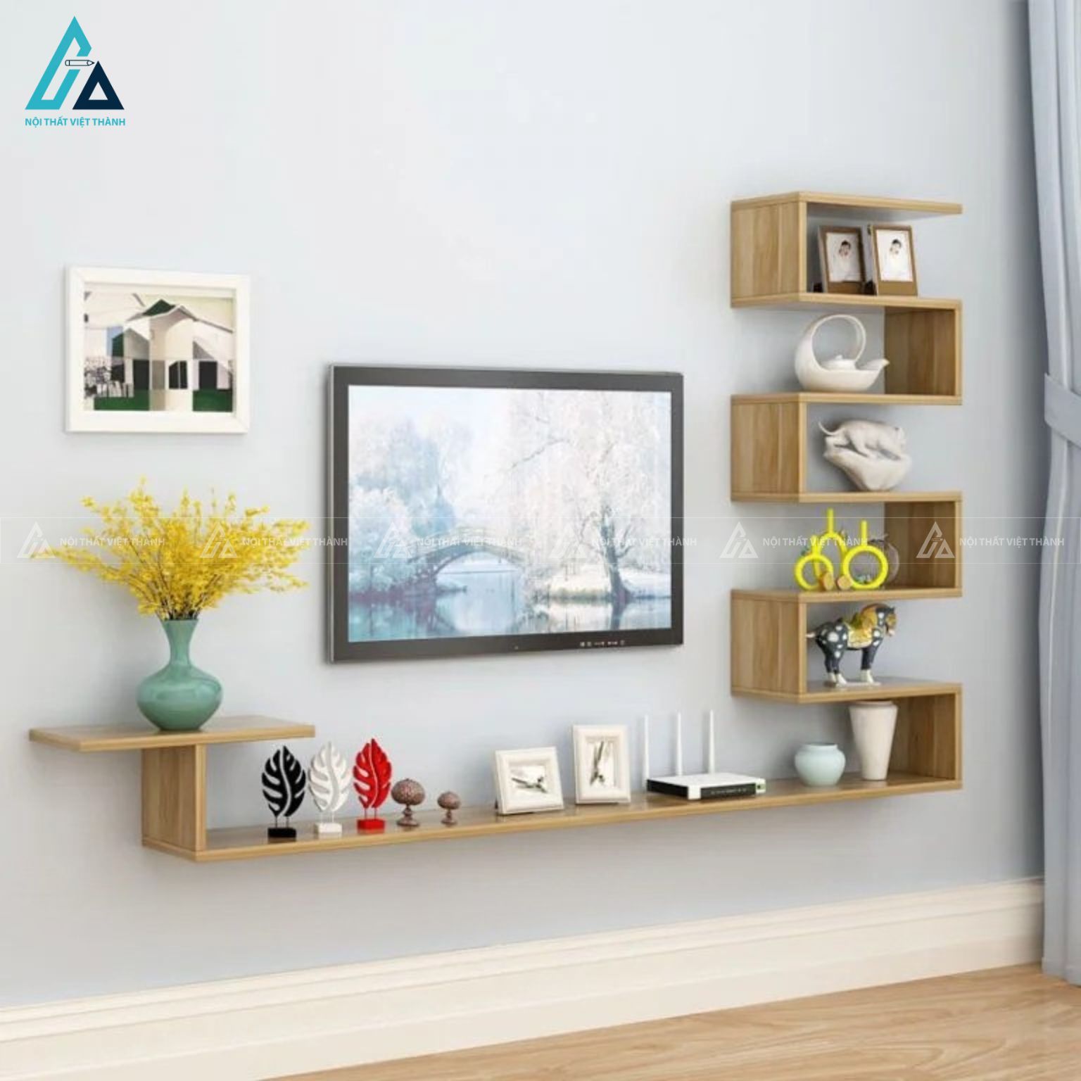 Kệ tivi treo tường kết hợp kệ trang trí độc đáo sáng tạo 2