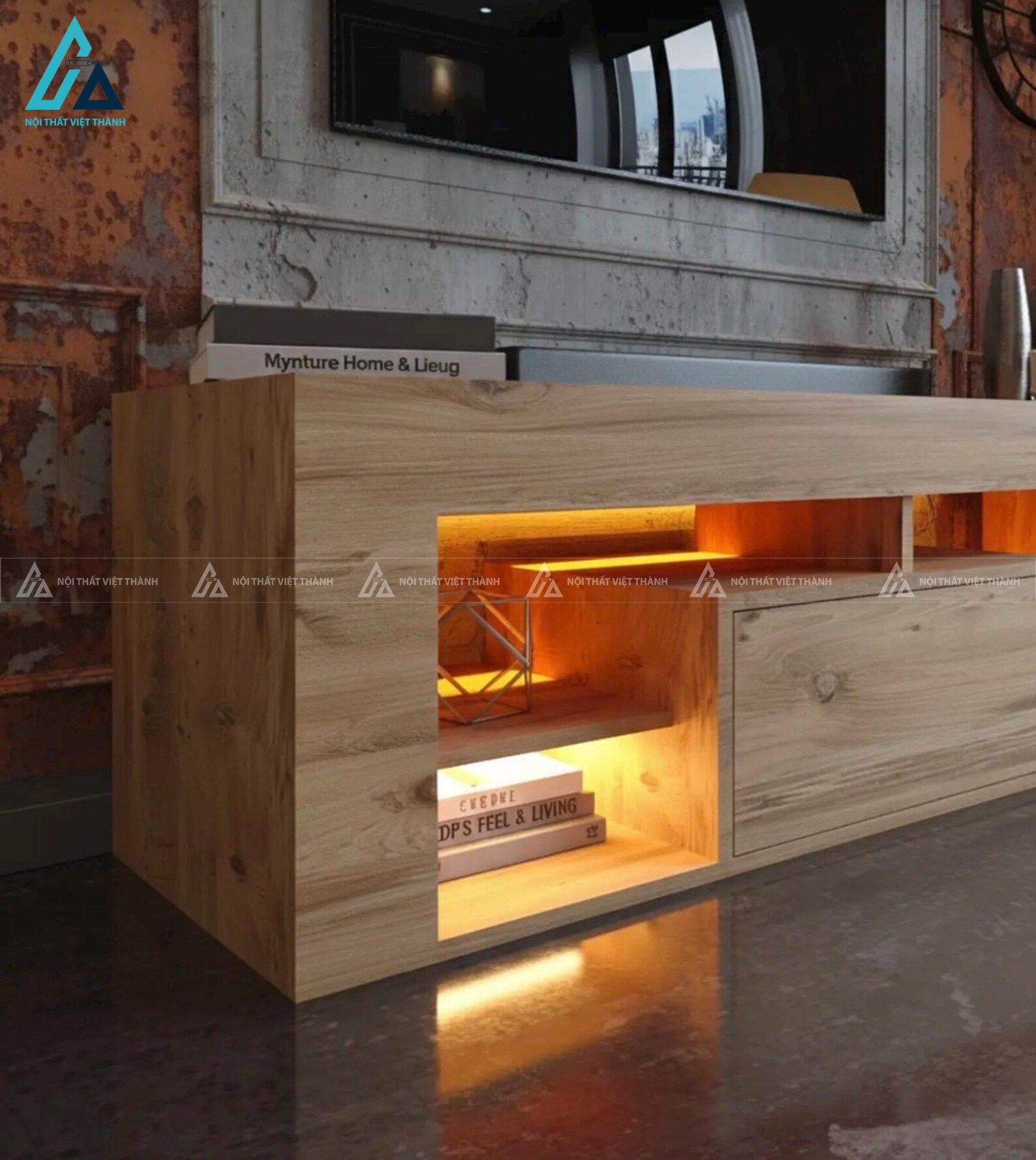 Kệ tivi gỗ tích hợp đèn led thông minh sang trọng cho phòng khách 2