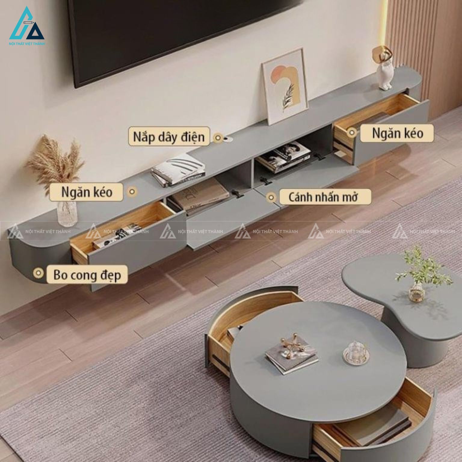 Kệ tivi treo tường thiết kế bo góc hiện đại tiết kiệm không gian 3