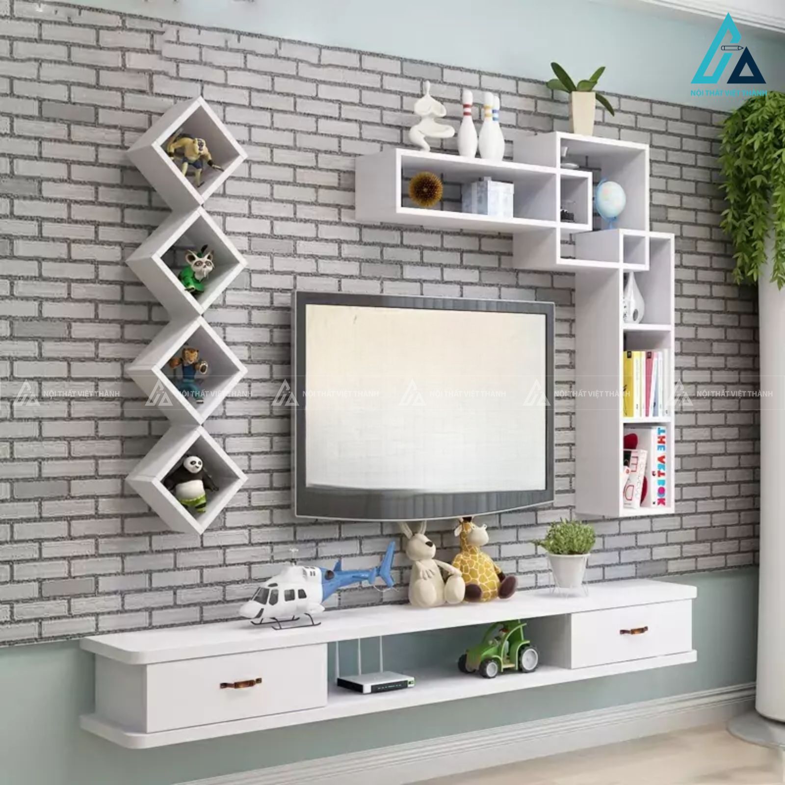 Kệ tivi treo tường kết hợp kệ trang trí đa năng cho phòng khách 2