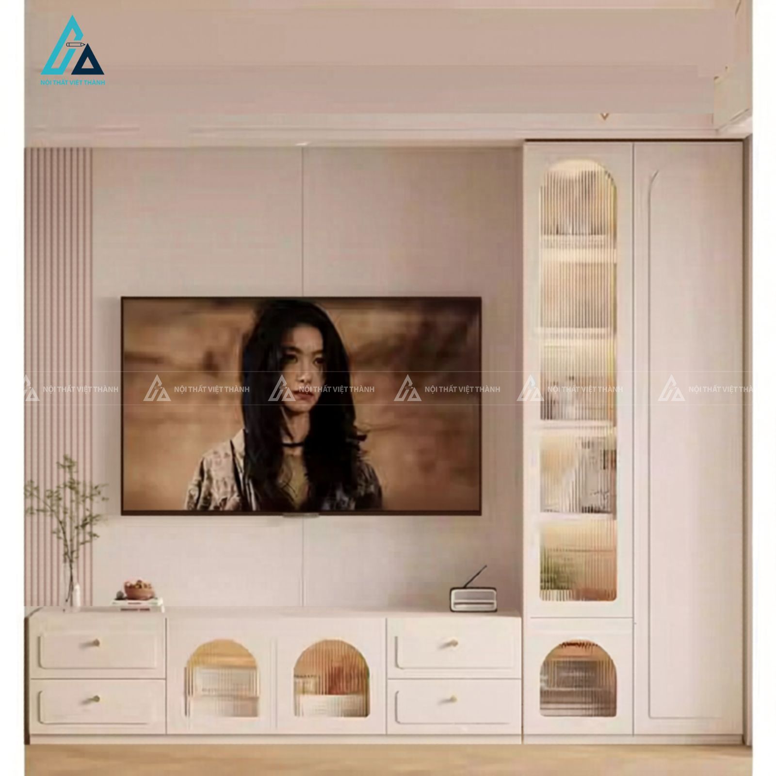 Kệ tivi kết hợp tủ trang trí cánh kính vòm hiện đại sang trọng 2
