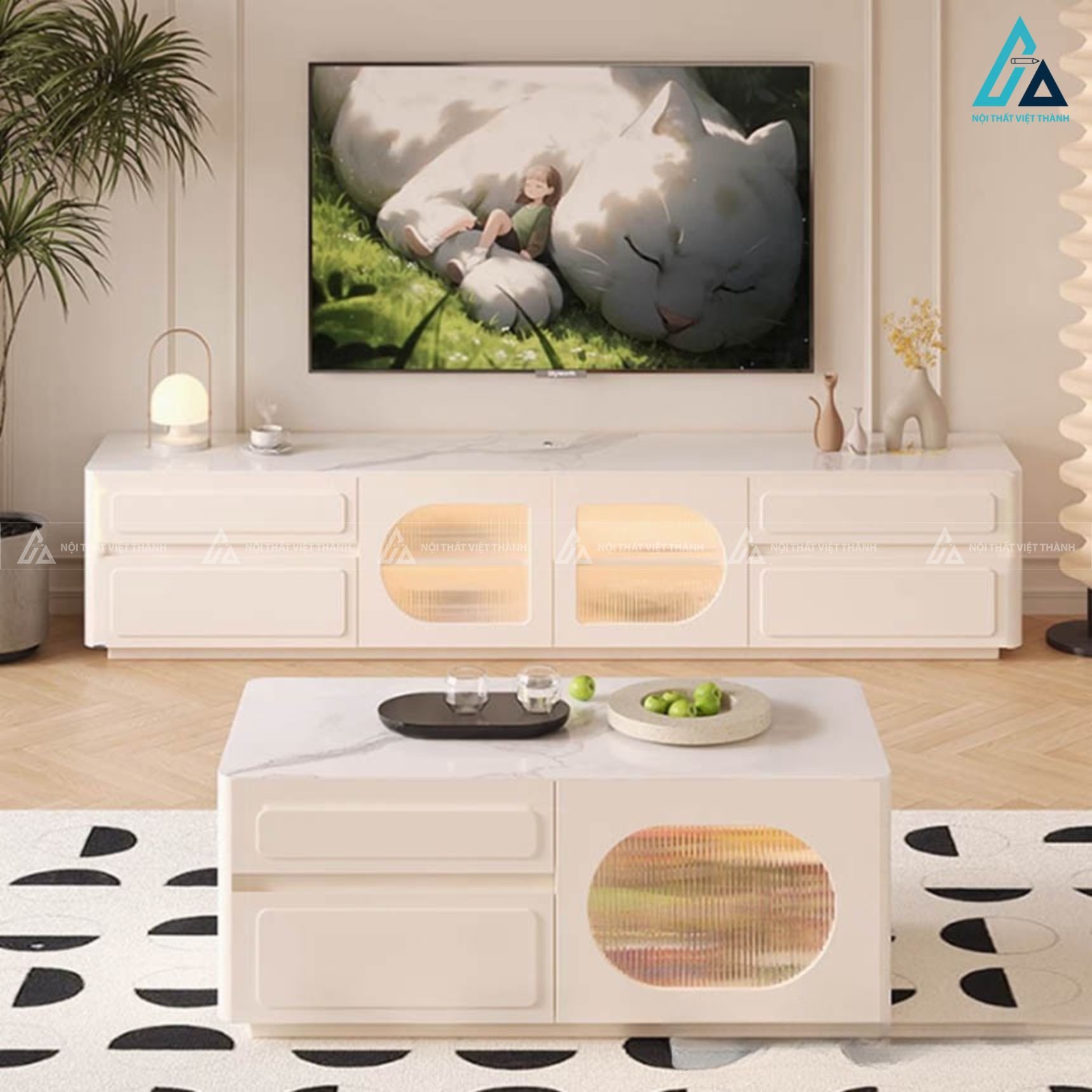 Kệ tivi gỗ công nghiệp mặt đá kết hợp cánh kính sang trọng