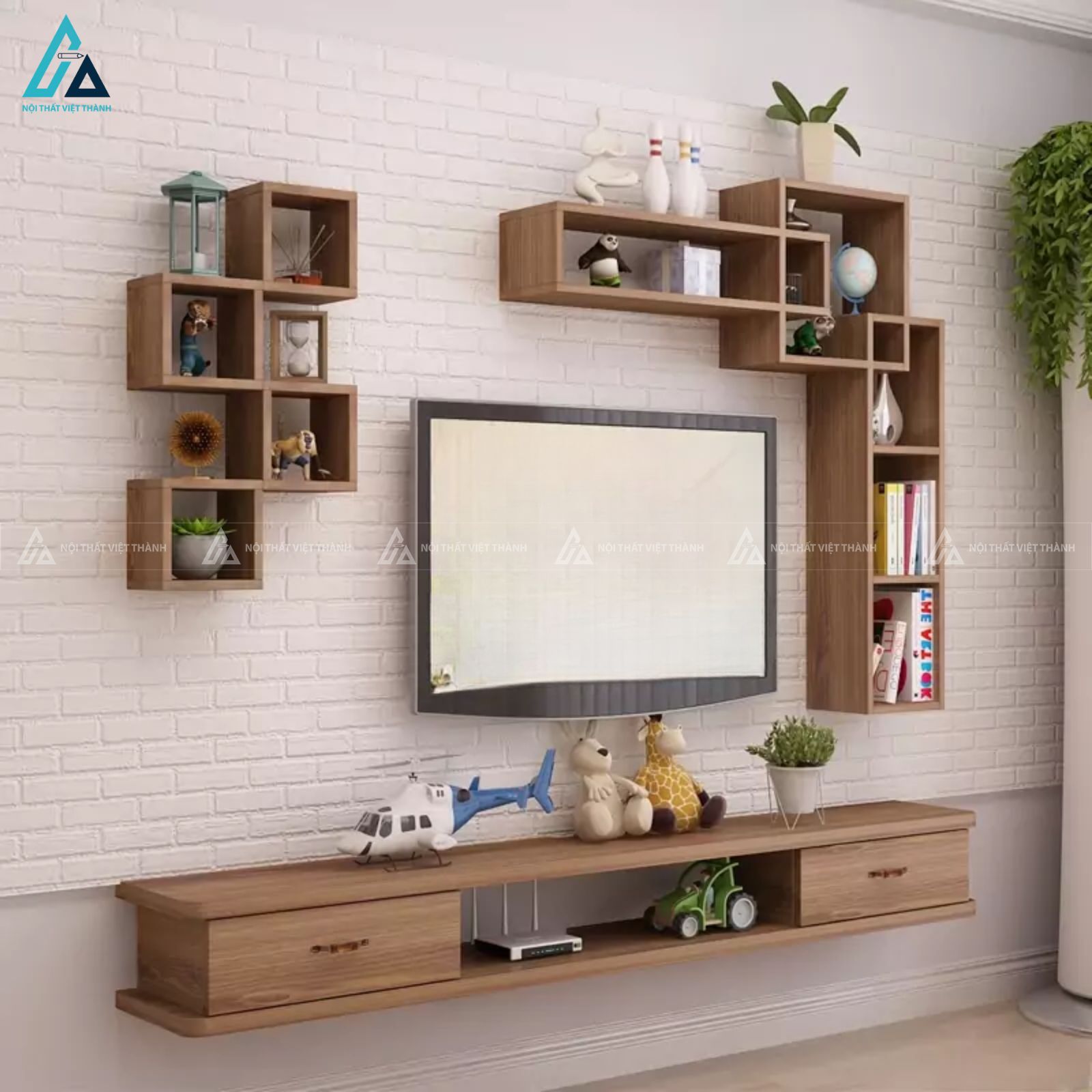 Kệ tivi treo tường kết hợp kệ trang trí đa năng cho phòng khách 3
