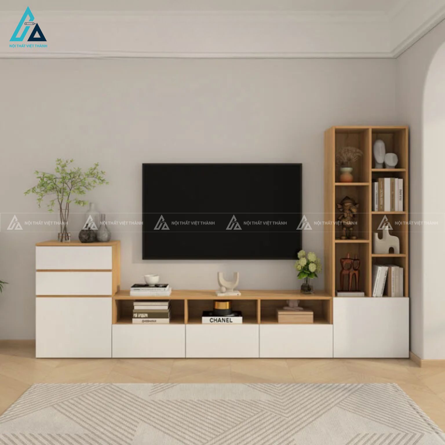 Kệ tivi để sàn kết hợp tủ trang trí treo tường hiện đại