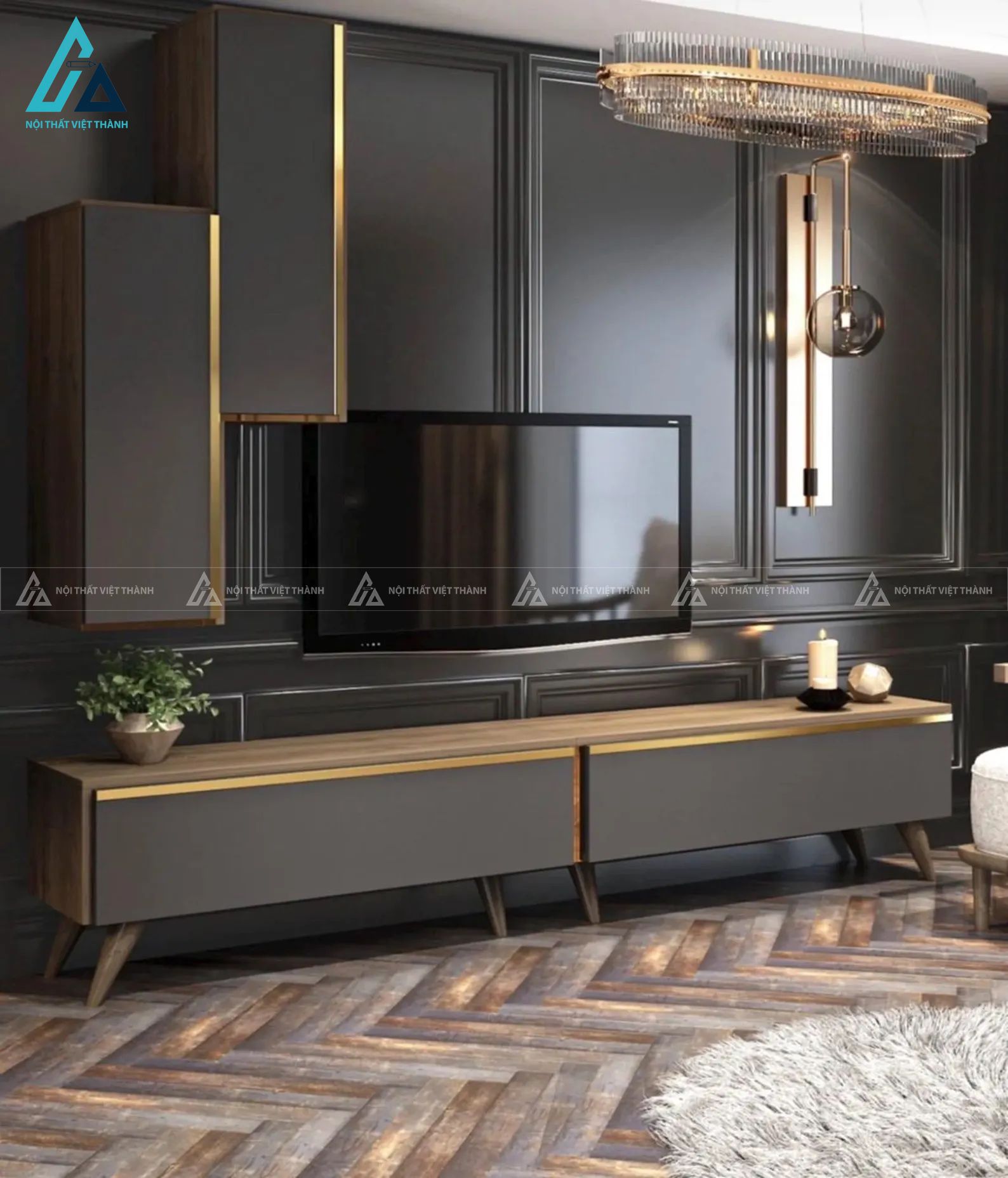 Kệ tivi gỗ công nghiệp thiết kế treo tường kết hợp bệ đỡ 3