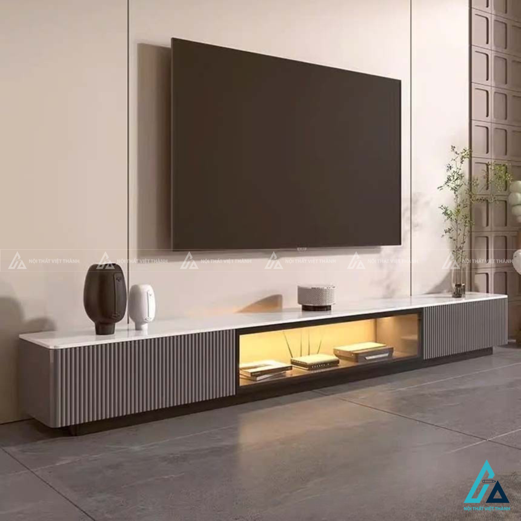 Kệ tivi gỗ công nghiệp thiết kế lam sóng có đèn led sang trọng 4