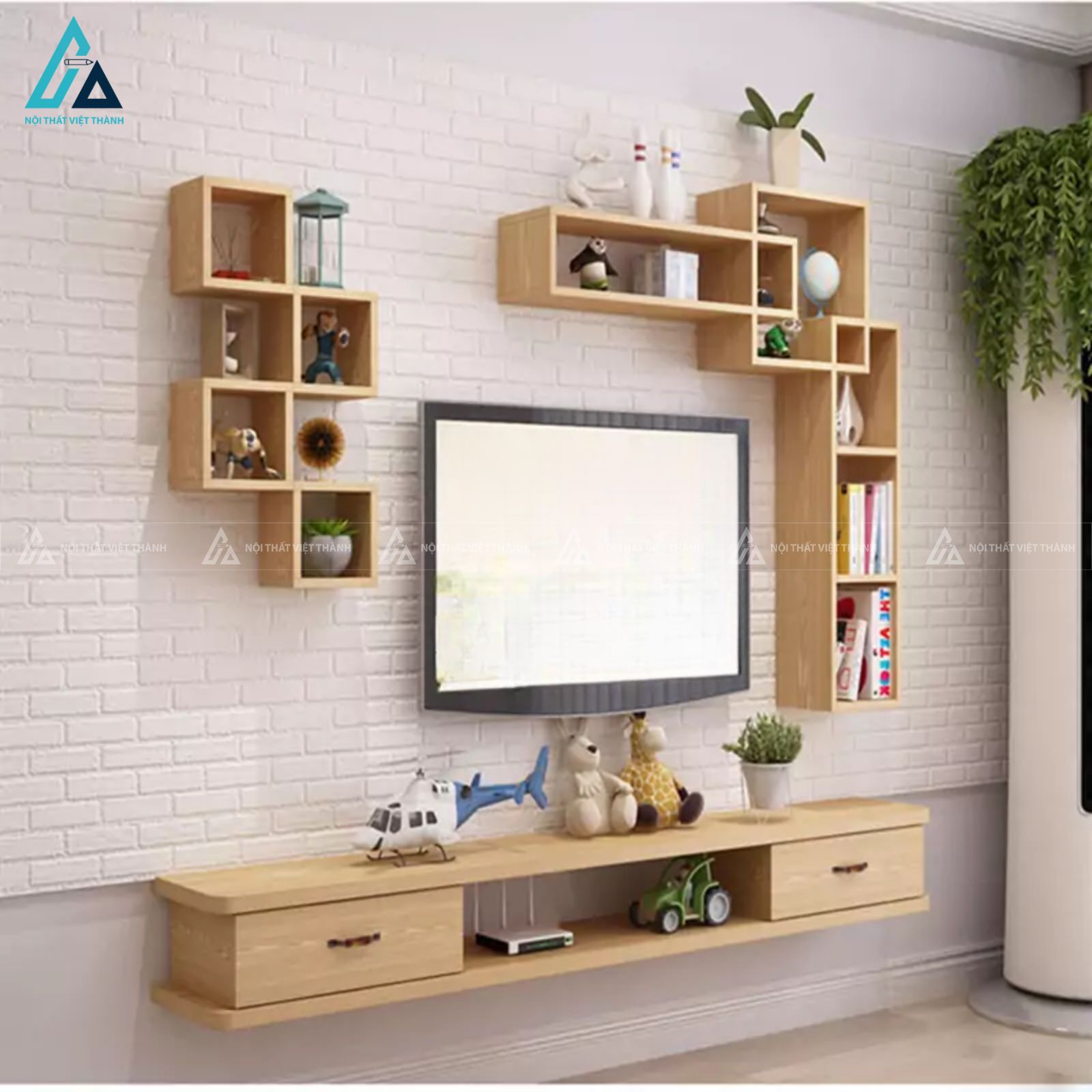 Kệ tivi treo tường kết hợp kệ trang trí đa năng cho phòng khách 4