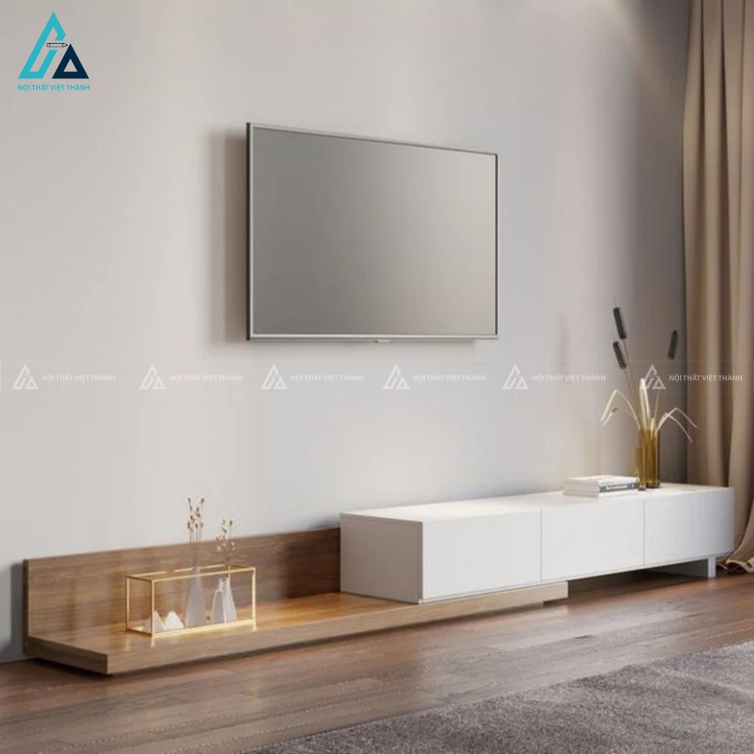 Kệ tivi gỗ công nghiệp thiết kế treo tường kết hợp bệ đỡ 4